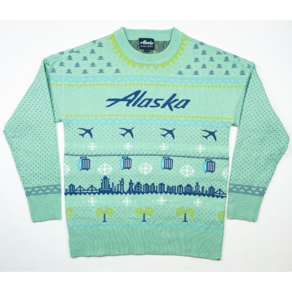 Alaska Airlines Christmas Sweater Adult Medium Blue Green Fair Isle Pilot Ugly - Picture 2 of 11